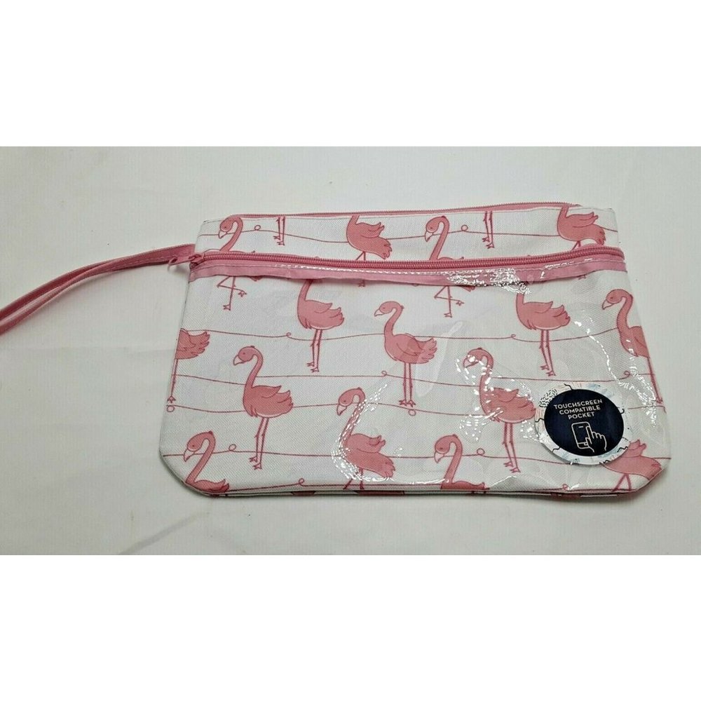 Flamingo Bikini Bag Wet Dry Bag Zippered Swim Sack Wristlet Touchscreen Pocket - Picture 1 of 6
